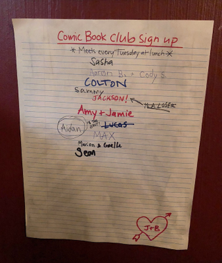A comic book club sign-up sheet spotted in the halls of Baxter High. Note the “J+B” heart in the corner.